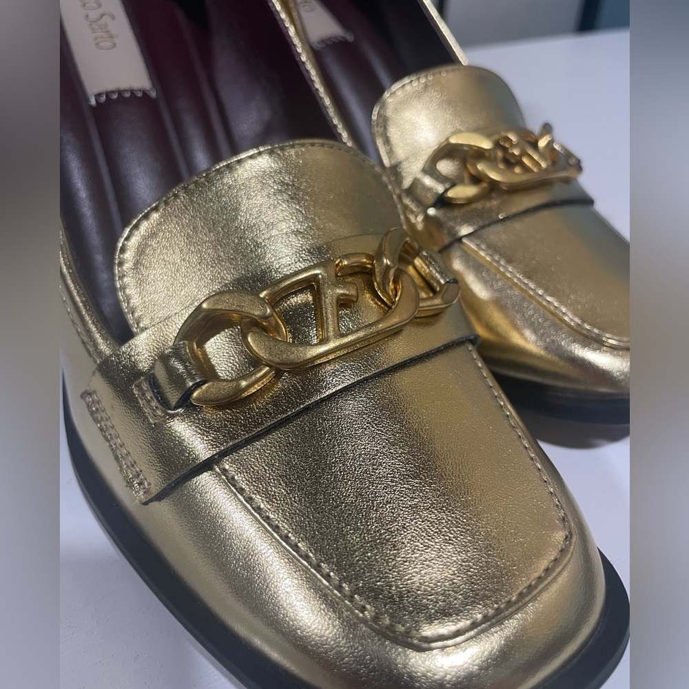 Women's Size 8 Franco Sarto Miri Loafer Gold Block High Heel Pump Shoes - Picture 7 of 12